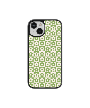 Green Flower Checkers Phone Case- Black Border