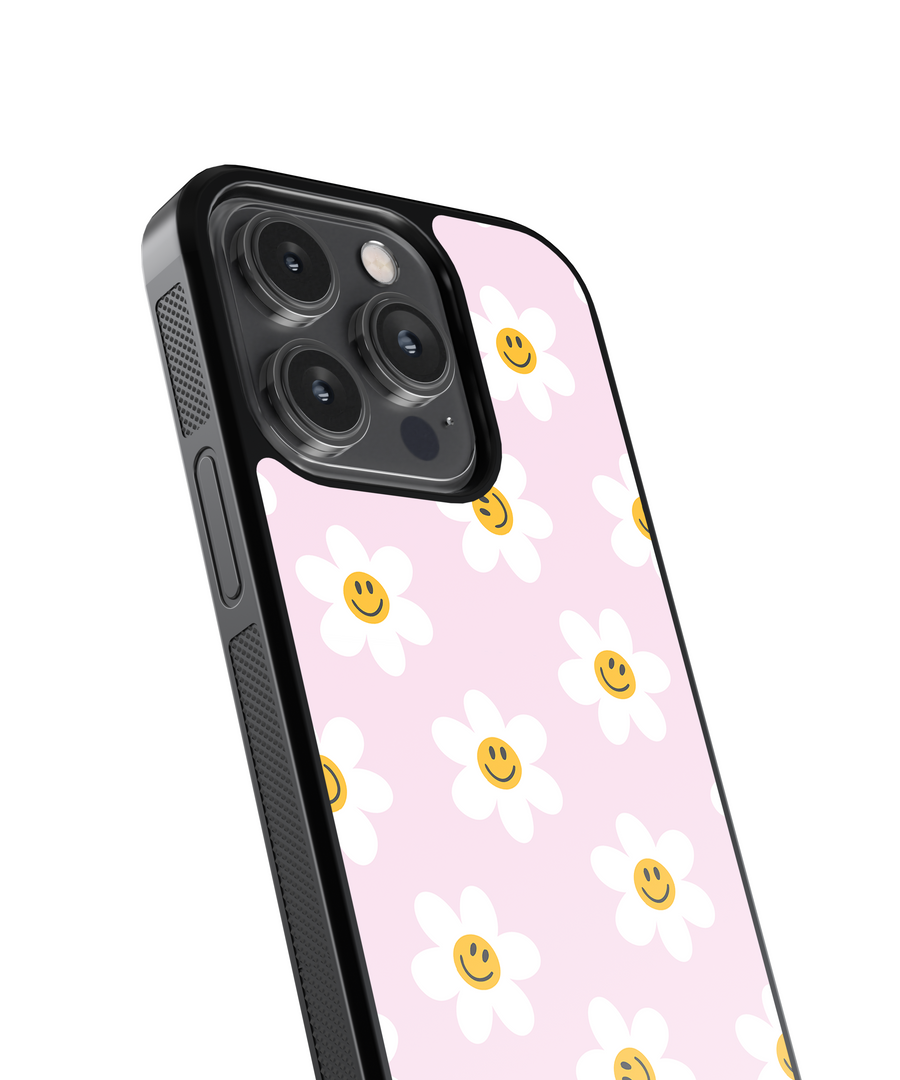 Pink Flower Smileys Phone Case- Black Border