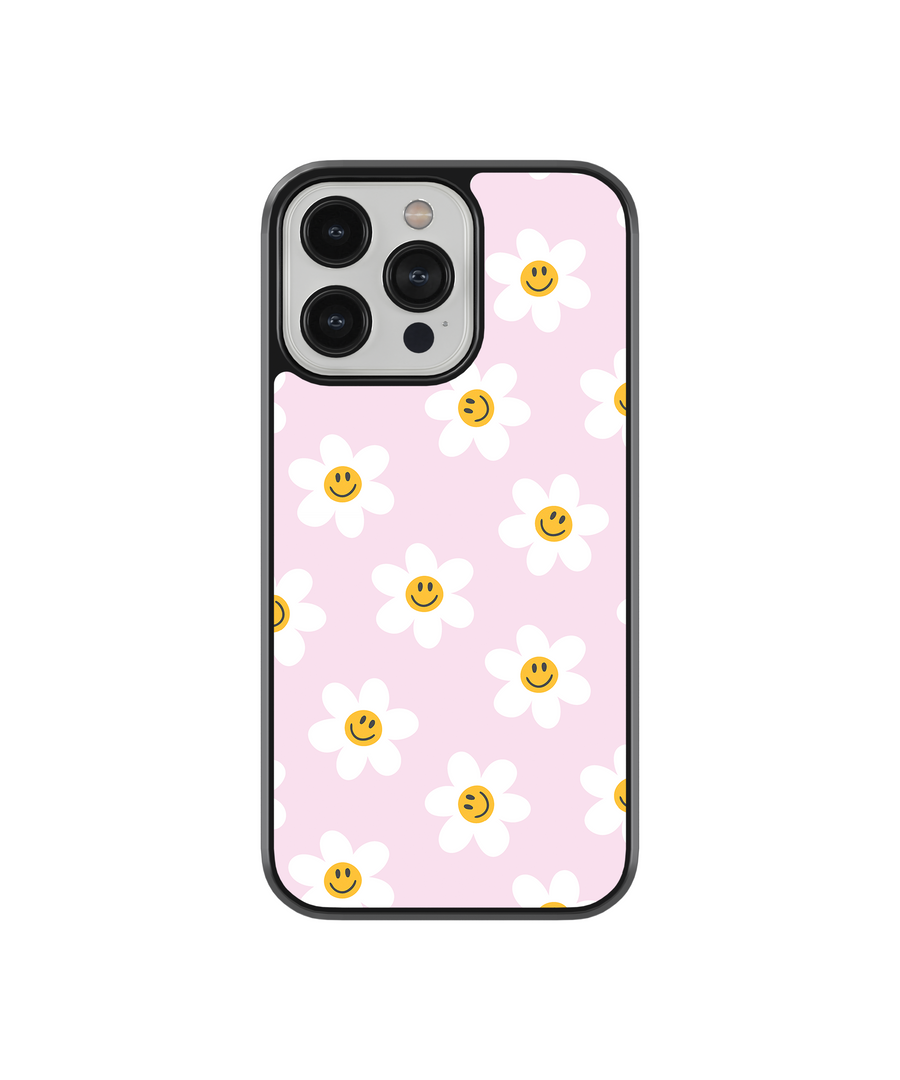 Pink Flower Smileys Phone Case- Black Border